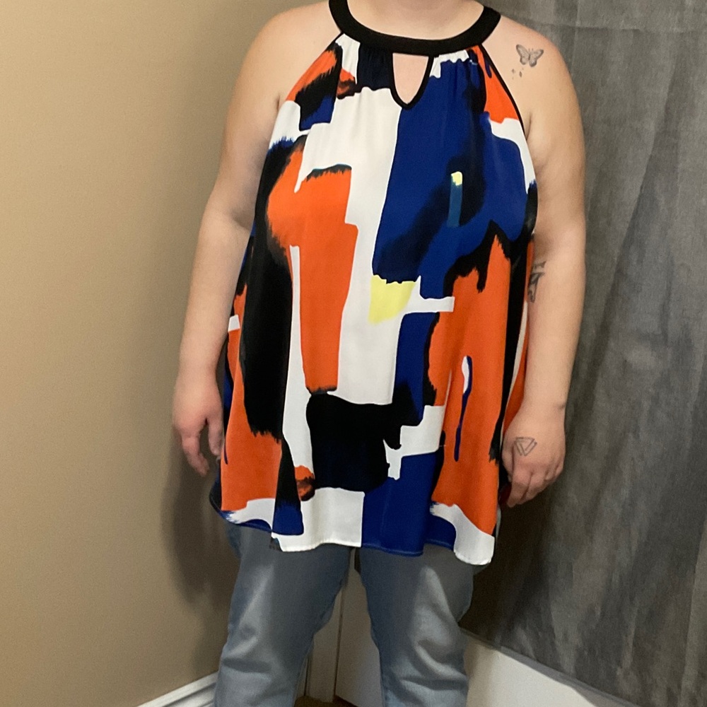 Ricki's Bold Abstract Halter Tank in Orange, Blue & Black